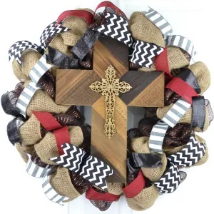 Maroon and Black Cross Mesh Front Door Wreath