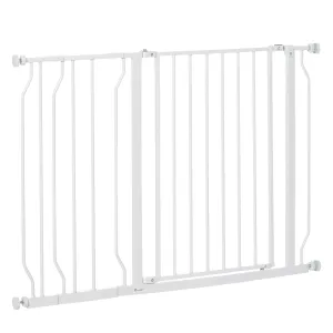 PawHut Dog Gate Wide Stair Gate w/ Door Pressure Fit, 75-115W cm, White