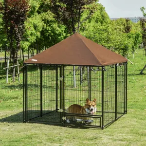 PawHut Outdoor Dog House Kennel with Canopy Top & Lock Rotating Bowl Holder